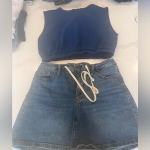Women's Set  Blue Crop Top & High Waisted Denim Shorts- Top Size L Shorts Size 8